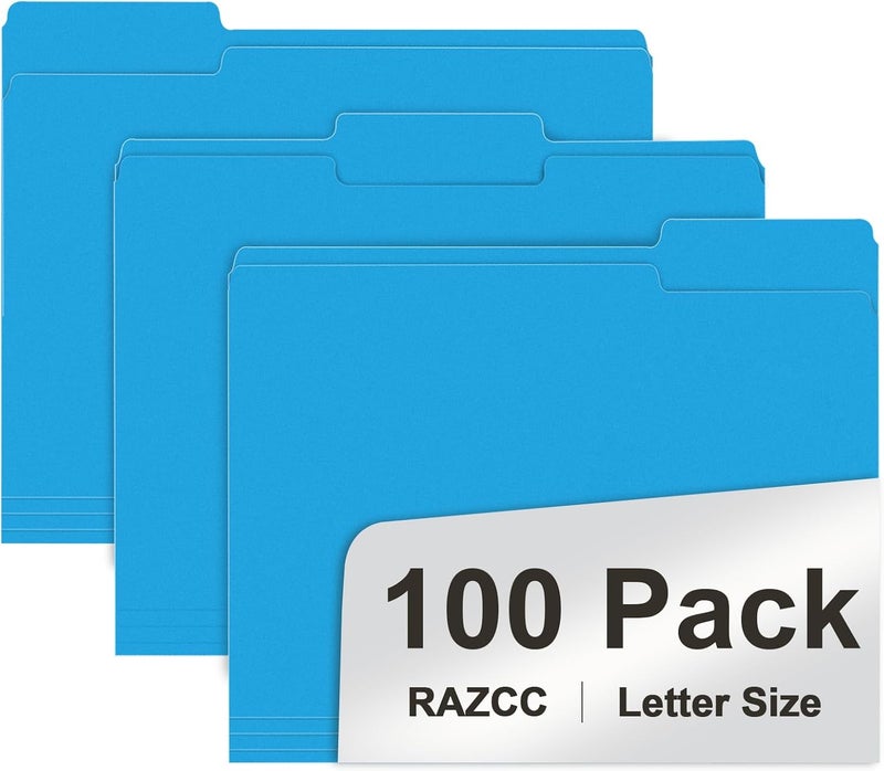 RAZCC File Folder, 100 Pack 1/3 Cut Tab File Folders Letter Size, Blue, Colored Folders with Tab Great for Organizing and Easy File Storage - Image 1